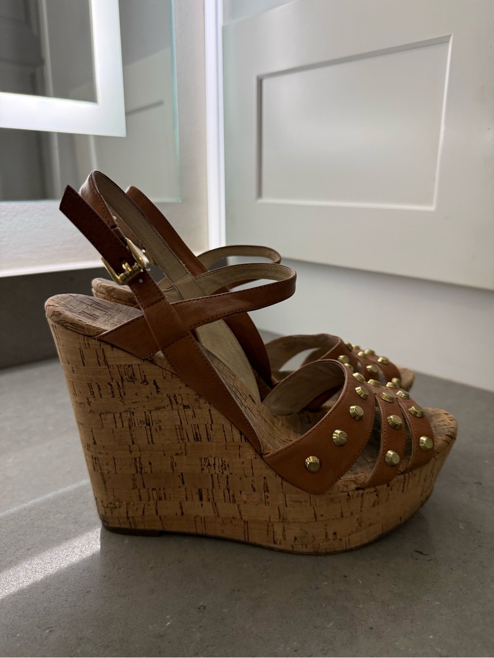 Michael Kors Brown Leather Cork Wedge Sandals with Gold Studs
